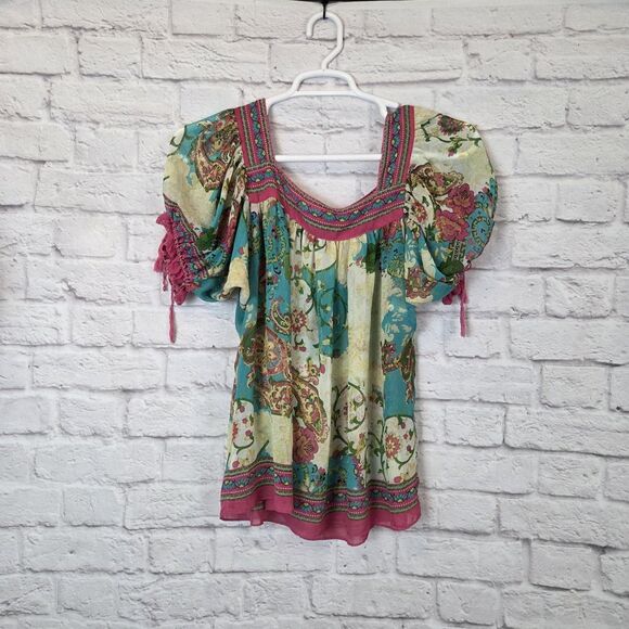 Nicole Miller Pink Green Paisley Short Sleeve Square Neck Sheer Top Size 14 - Picture 2 of 6